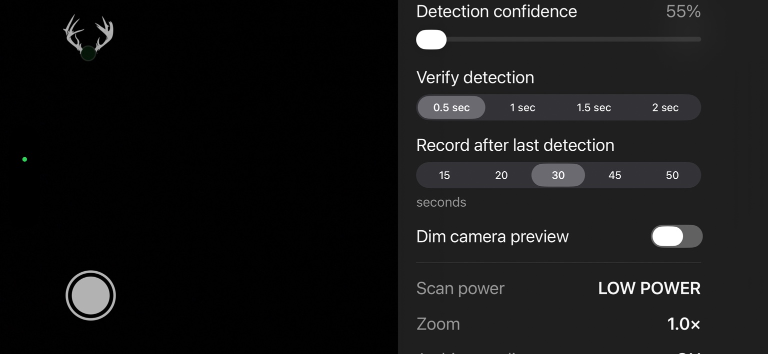 BuckLock v1.1 Build 15 lower Camera Settings showing detection confidence, verification choices, recording duration choices, Dim camera preview, Scan power, and Zoom