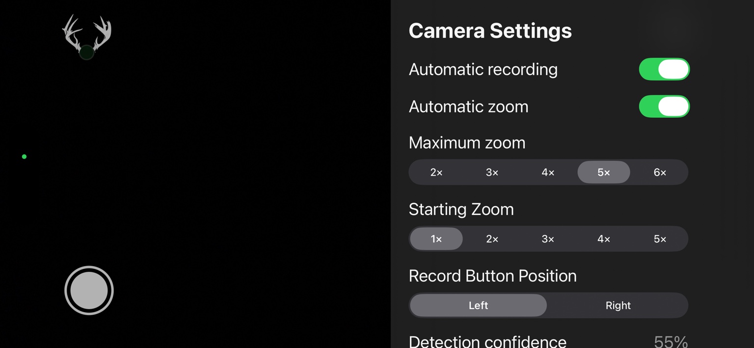 BuckLock v1.1 Build 15 right-side Camera Settings panel showing automatic recording, automatic zoom, Maximum zoom, Starting Zoom, and Record Button Position